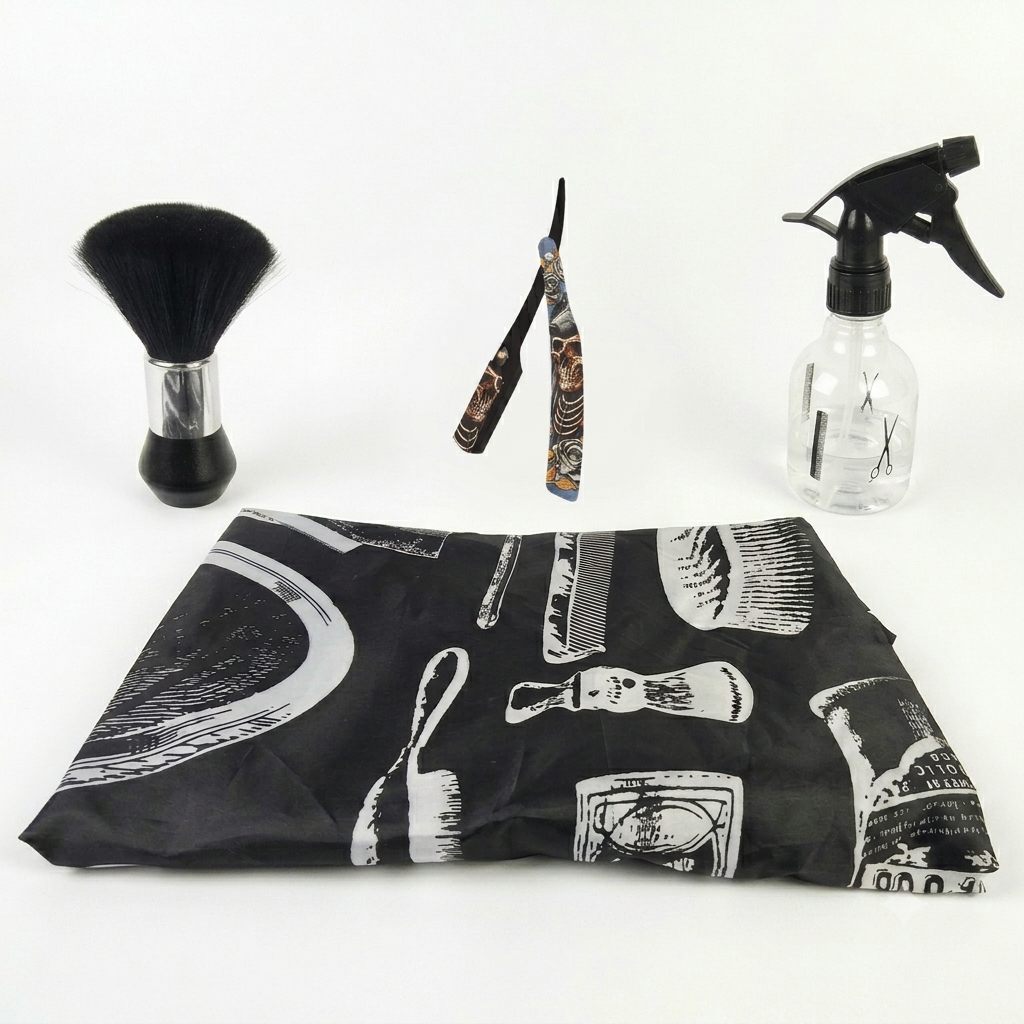 Barber Hair Cutting Cape Set with Razor, Brush, and Spray Bottle