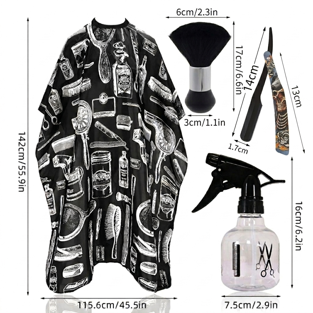 Barber Hair Cutting Cape Set with Razor, Brush, and Spray Bottle