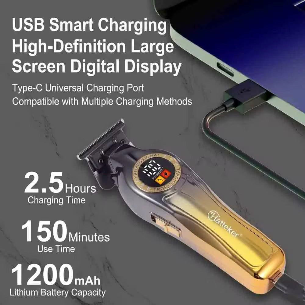 HATTEKER HT-6180 Men's Cordless Electric Hair Clippers - USB Charging LCD Display, Groomer for Home or Travel